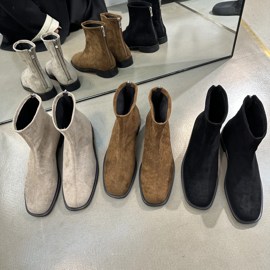 2023秋冬新款绒面瘦瘦靴百搭圆头平底靴子复古软底显瘦加绒短靴女