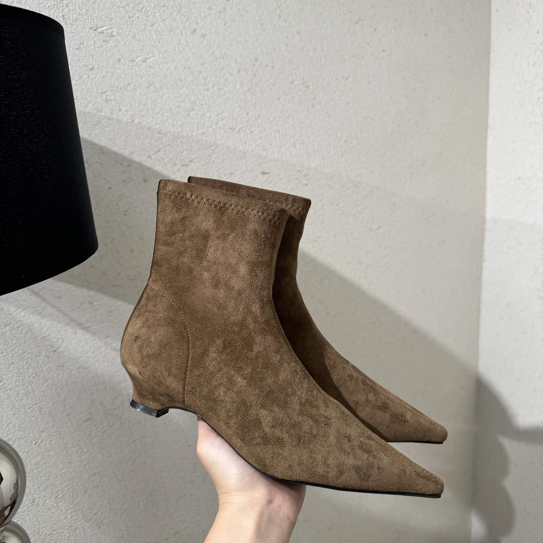 2025秋冬新款低筒尖头瘦瘦靴美拉德粗跟绒面靴子小坡跟弹力短靴女
