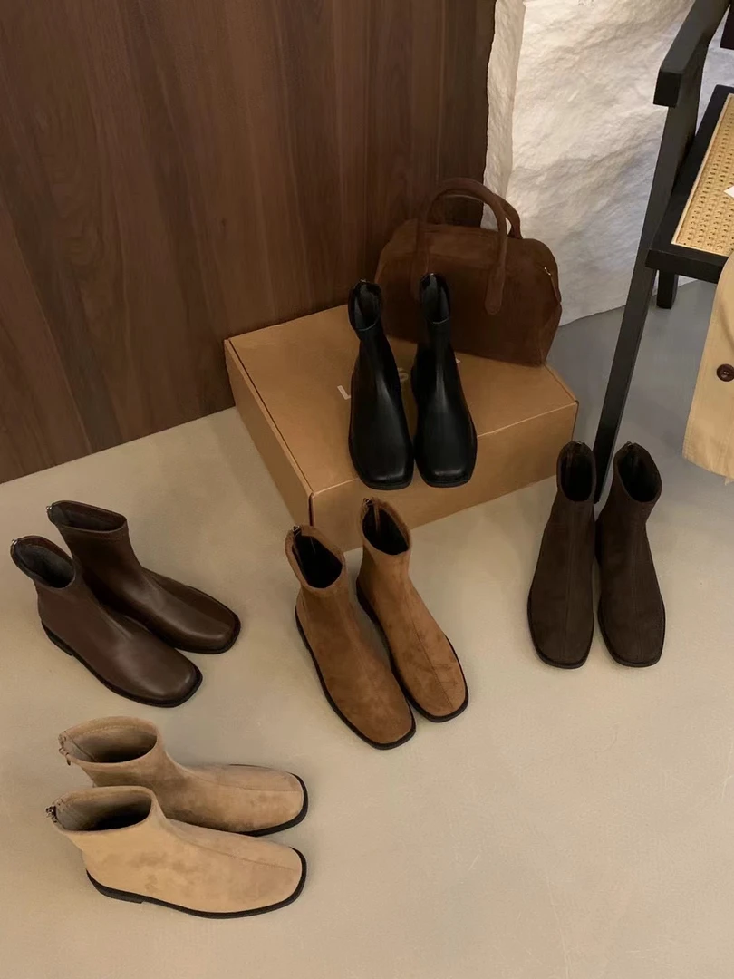 776-1韩版低跟圆头瘦瘦靴2024新款复古绒面平底短筒短靴子