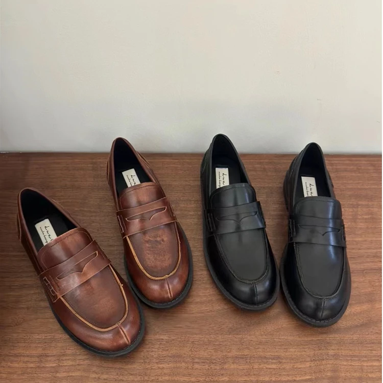 英伦风小皮鞋2024新款复古懒人一脚蹬百搭乐福鞋豆豆鞋999-2