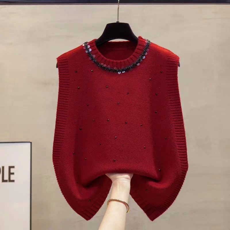 【珠片黑钻】春秋洋气红色针织马甲女圆领套头背心叠穿上衣