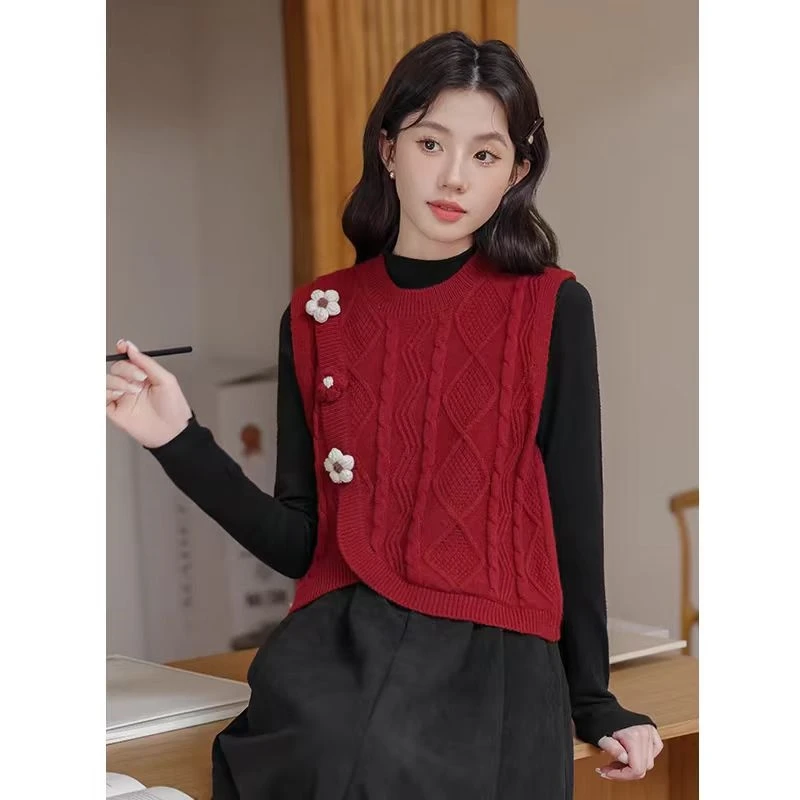 【三朵花】红色马甲女套头宽松秋冬叠穿不规则打底针织背心上衣