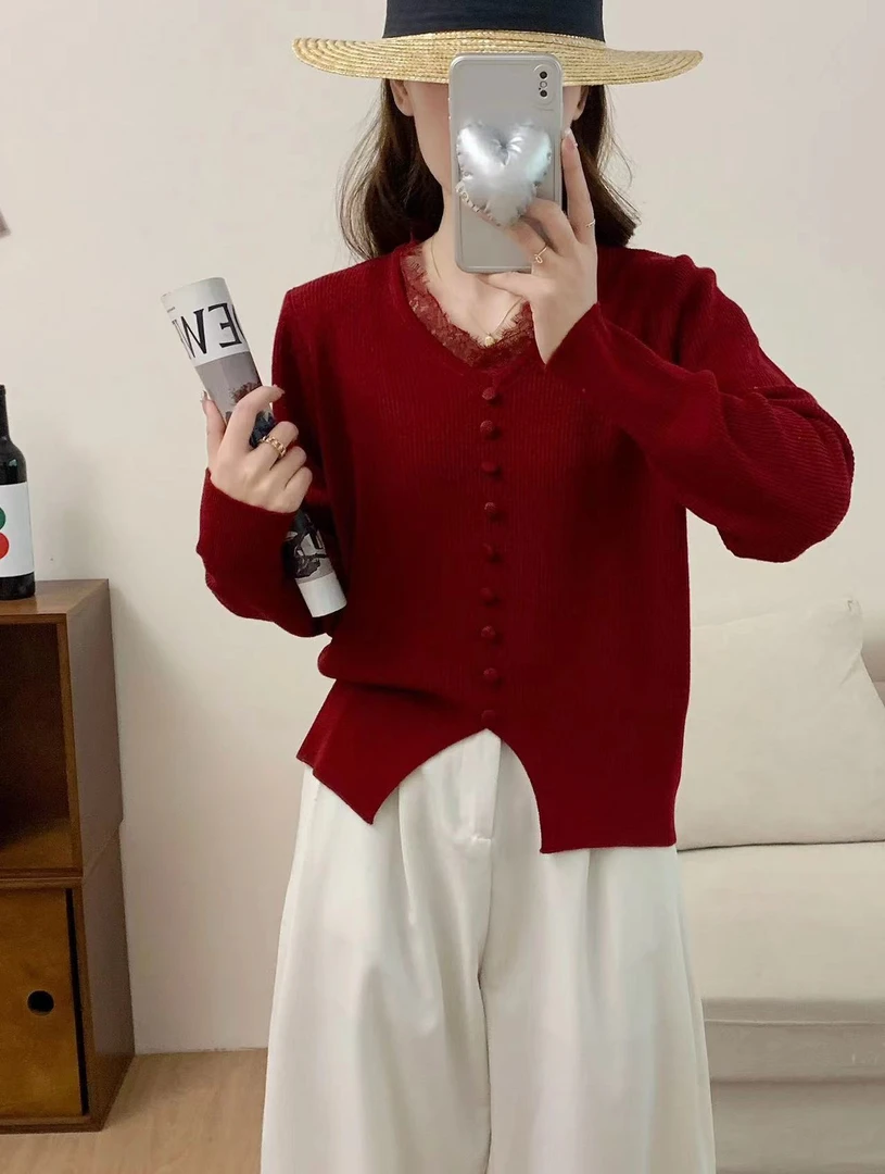 春秋新款针织衫毛衣女装显瘦百搭蕾丝v领韩版气质打底