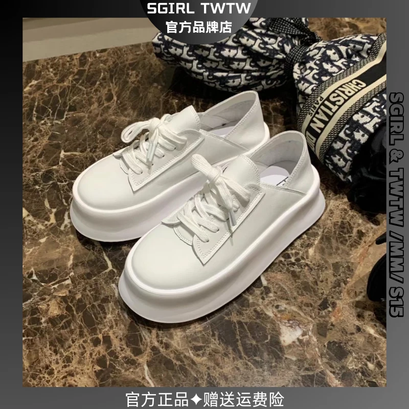SGIRL TWTW厚底增高松糕鞋女2024网红款爆款一脚蹬白色真皮小白鞋