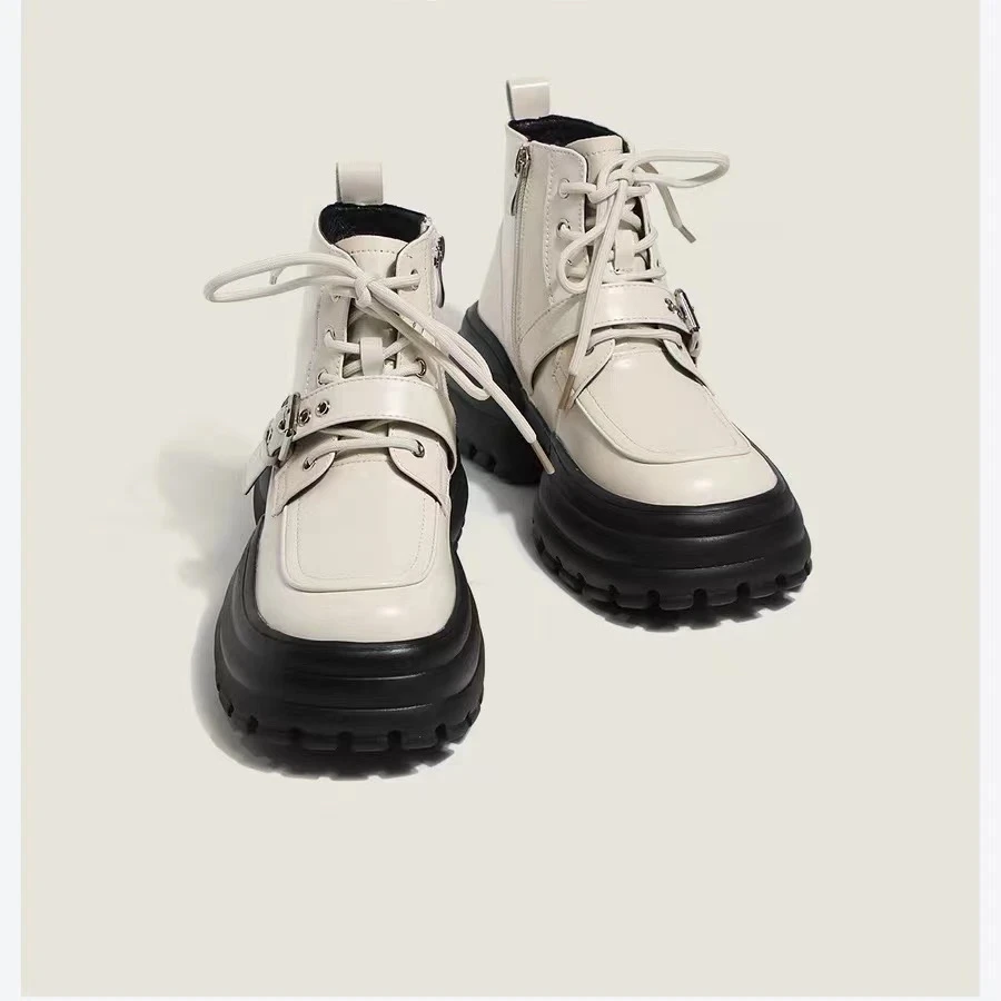 厚底马丁靴女2024加绒秋冬内小个子增高白色英伦风系带单靴短靴