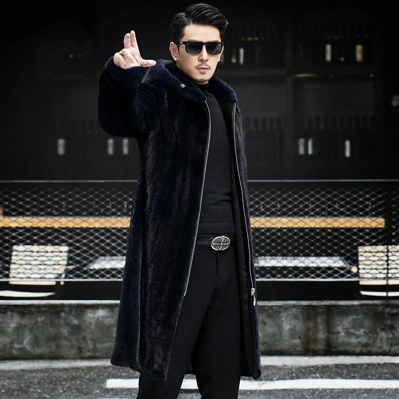 TOUCH  MISS高级新款貂皮大衣男士连帽整貂长款风衣水貂皮草外套