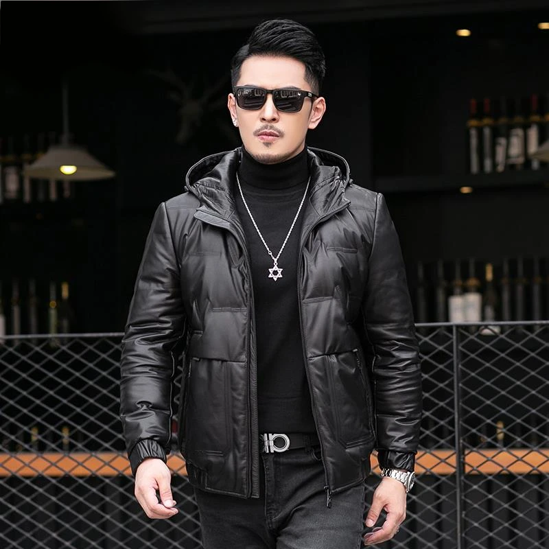 TOUCH  MISS真皮羽绒服男士2024冬季新款牛皮外套机车皮夹克连帽