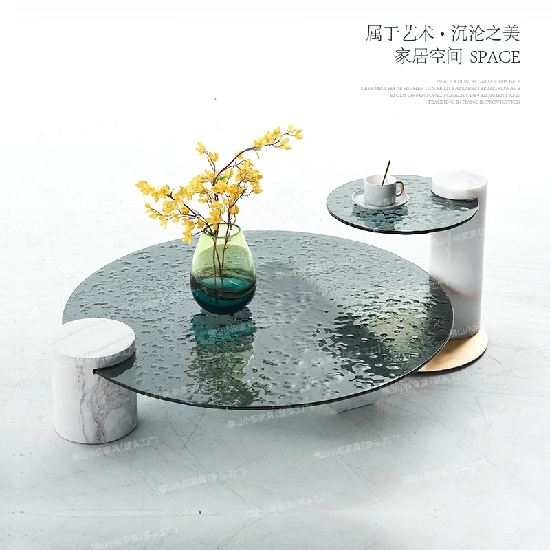 水波纹茶几侘寂风灰玻气泡面圆茶几大理石设计师款样板房玻璃圆几