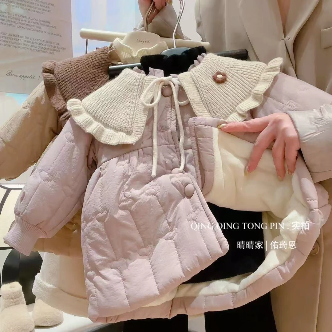 女童韩版甜美立体小花大翻领花边棉服外套2025新款冬季新款棉袄潮