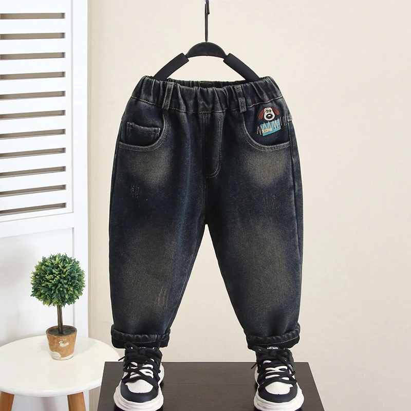 男童秋冬加绒加厚牛仔裤2025新款宝宝冬装一体绒裤子儿童保暖长裤