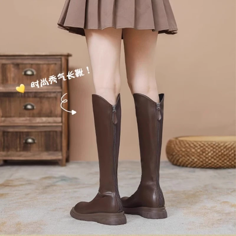 网红黑色长筒靴女显瘦百搭小个子不过膝厚底v口骑士靴ins加绒长靴