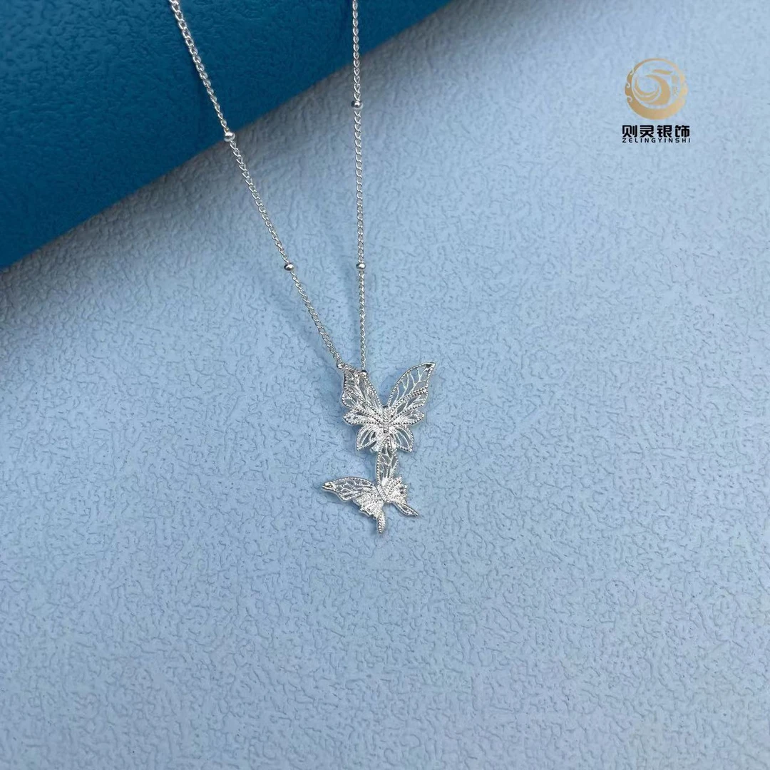 吊坠足银 【双蝴蝶花丝吊坠】时尚轻奢气质百搭小众手工编织配饰