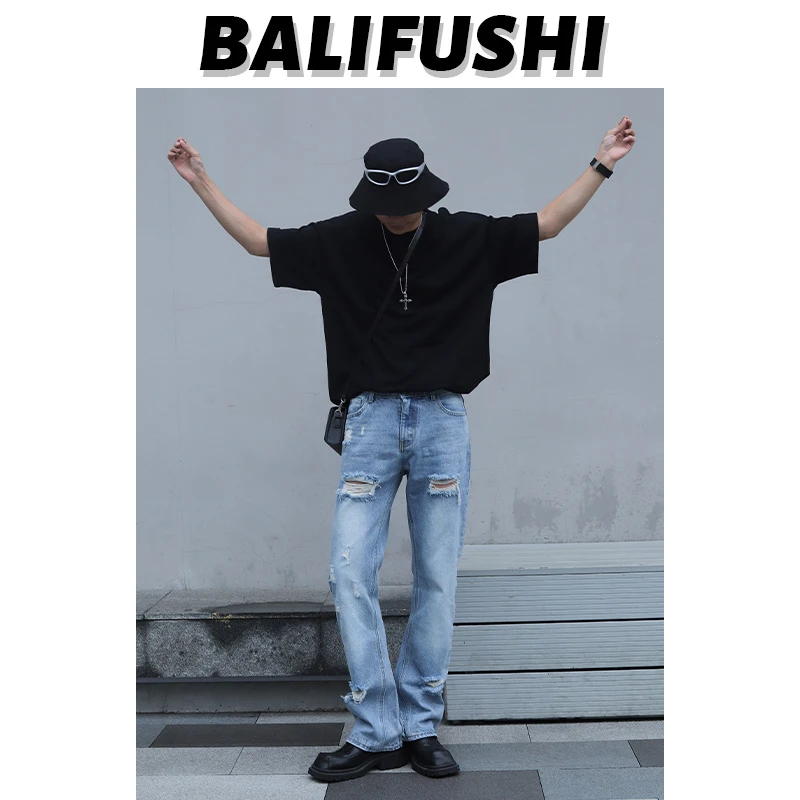 巴黎风潮牌高腰高档微喇破洞磨破百搭显高圆月弯刀夏季蓝牛仔裤