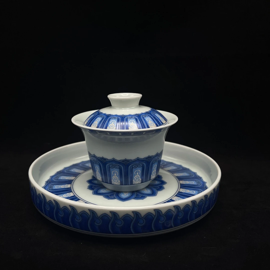 万逸堂满绘青花千佛盖碗手工描银千佛小容量功夫茶碗0259