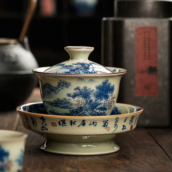 古汝黄汝大号三才盖碗青花满绘山水盖碗带内绘大容量泡茶碗0248