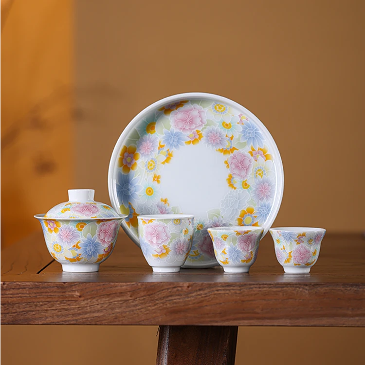 珐琅彩万花彩盖碗立体浮雕釉下功夫茶具小套装轻奢礼品组合0845