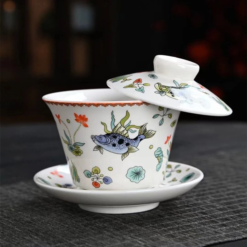 羊脂玉瓷三才盖碗可以悬停挂盖可旋转中式茶具家用泡茶碗0203