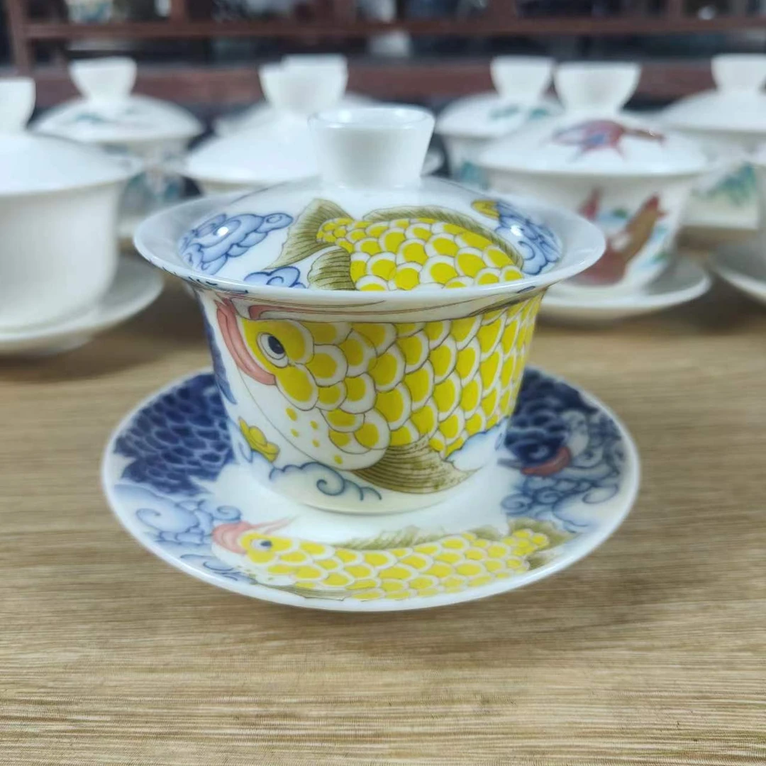 高端三才龙鱼盖碗釉上釉下双工艺结合个人高端茶碗0276