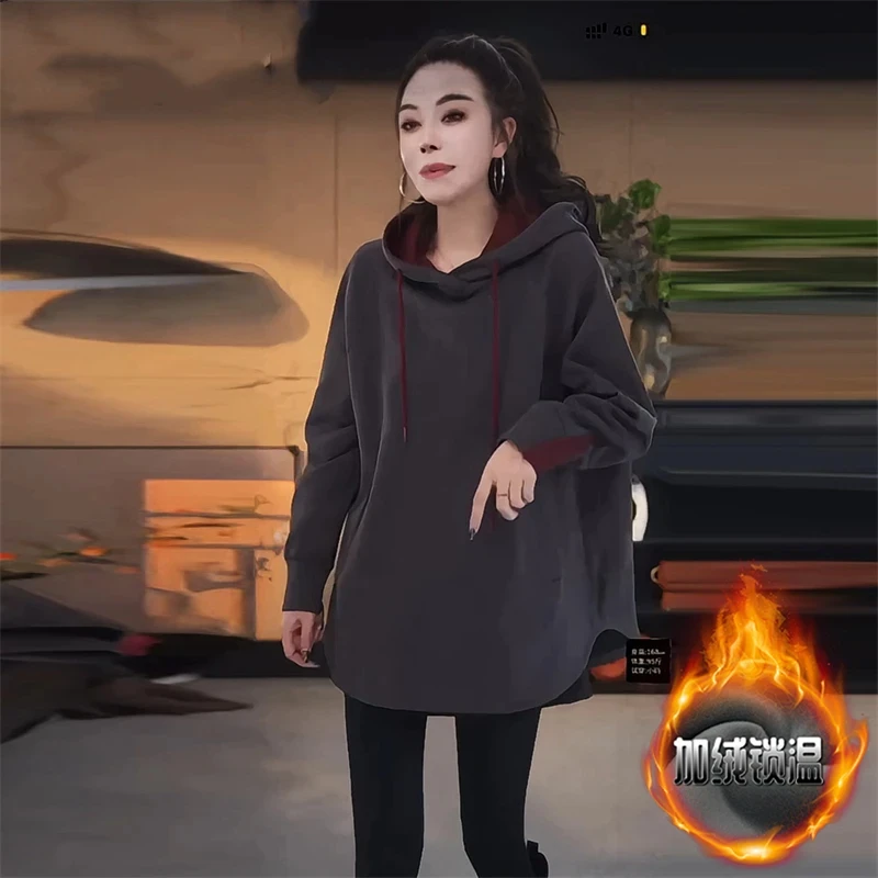 韩版宽松显瘦加绒连帽卫衣女2025春季新款时尚撞色设计感休闲上衣