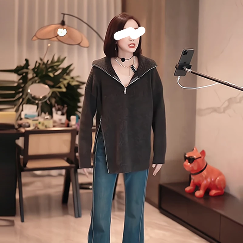 韩系设计感不规则翻领套头毛衣女冬季新款宽松侧拉链别致显瘦上衣