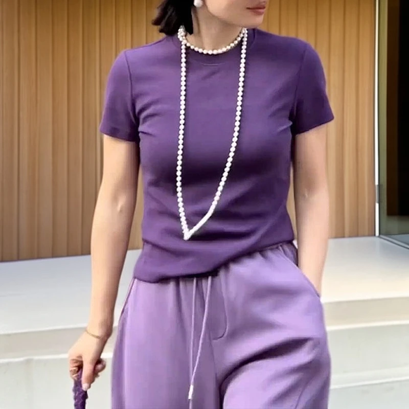 打底衫显瘦时尚休闲百搭夏季紫色圆领短袖气质网红纯色ins修身T恤