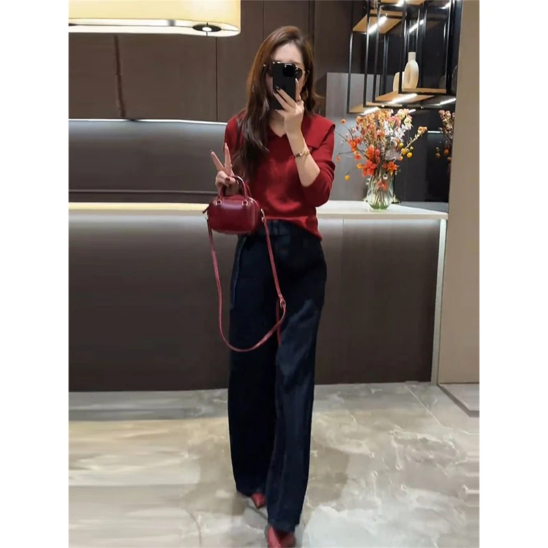 一整套早秋穿搭时尚气质纯色翻领上衣女高腰休闲直筒宽松阔腿长裤