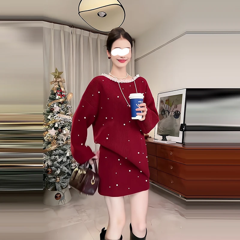 法式气质减龄搭配一整套早春钉珠圆领针织衫女气质显瘦百搭半身裙