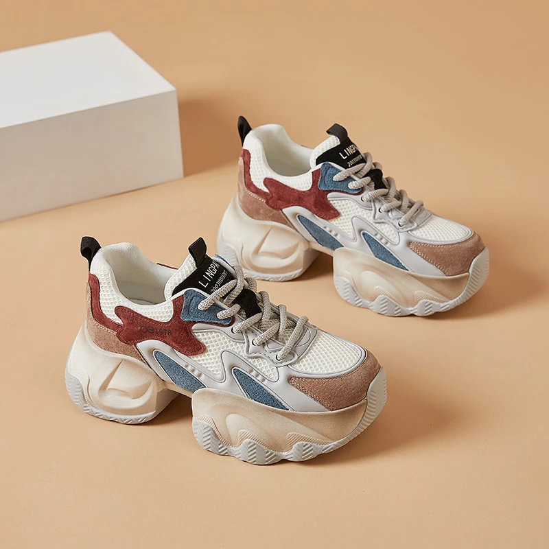 百搭厚底老爹鞋女2025夏季新款网面运动女鞋彩色小个子松糕休闲鞋