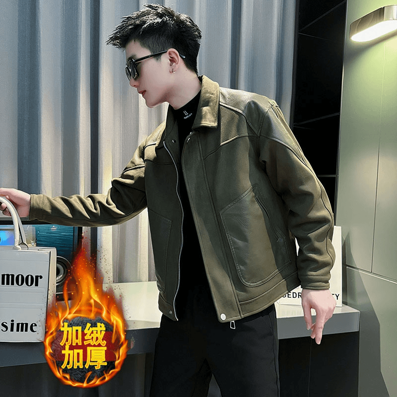 悍纪 拼接麂皮绒皮夹克男士秋冬季款高档翻领PU皮外套冬装加绒加厚上衣