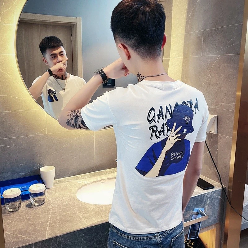 2025新款短袖t恤男士夏季网红潮牌修身半袖体恤衫痞帅夏天上衣服