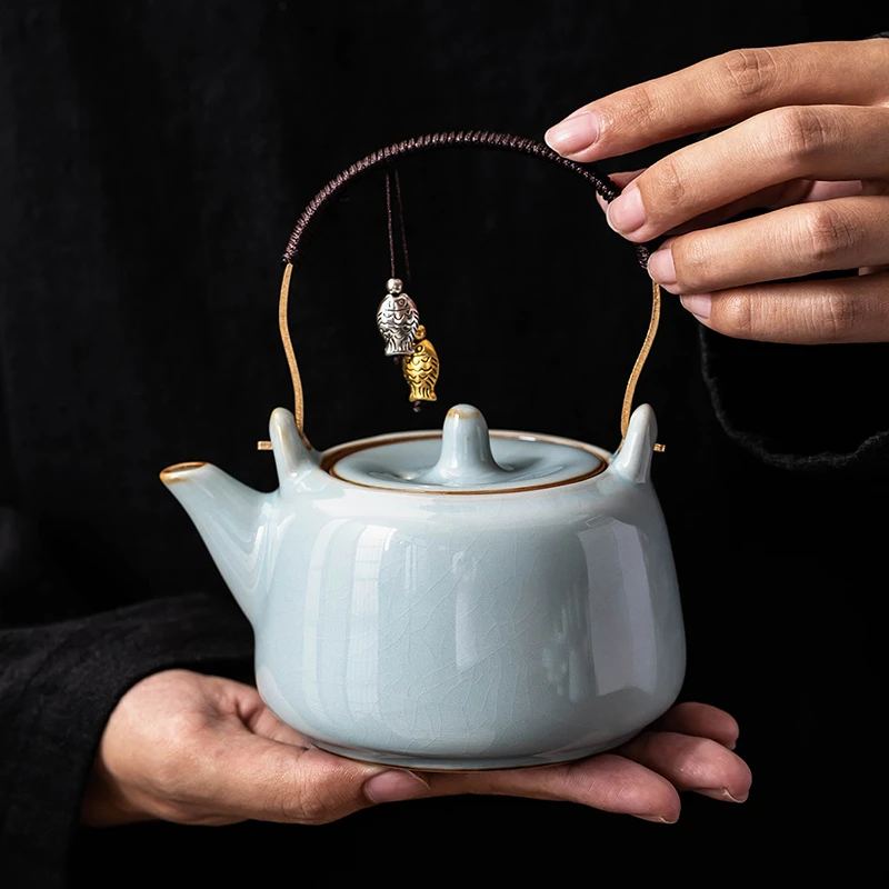 天青官窑开片可养2024新款喝茶办公家用泡茶陶瓷提梁壶茶壶茶杯子