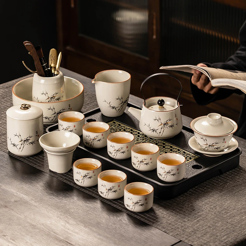 汝窑茶具套装家用富竹创意泡茶器陶瓷开片可养功夫茶茶杯盖碗喝茶