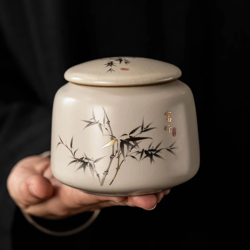 汝窑开片富竹茶叶罐复古小号密封罐子家用绿茶红茶防潮中式储茶罐