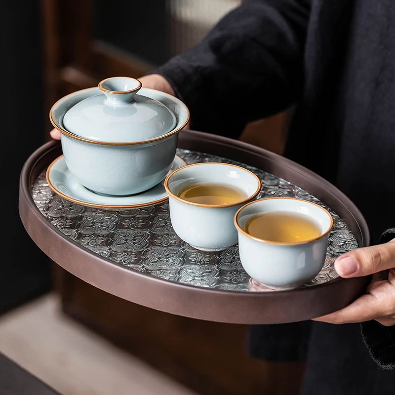 汝窑开片可养盖碗茶杯办公家用陶瓷茶具泡茶碗主人杯公道杯简约