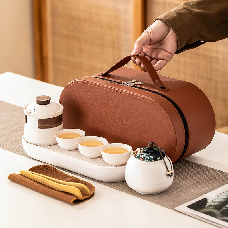 陶瓷旅行茶具套装车载户外便携式快客杯手抓壶一壶三杯一体式中式