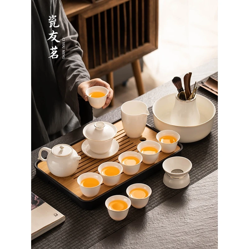羊脂玉白瓷功夫茶具套装家用办公泡茶壶盖碗茶杯陶瓷高档轻奢送礼