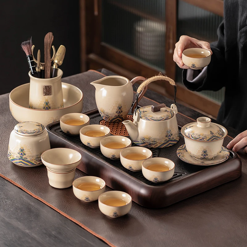 汝窑开片功夫茶具套装喝茶中式家用泡茶陶瓷盖碗茶壶茶杯子套装