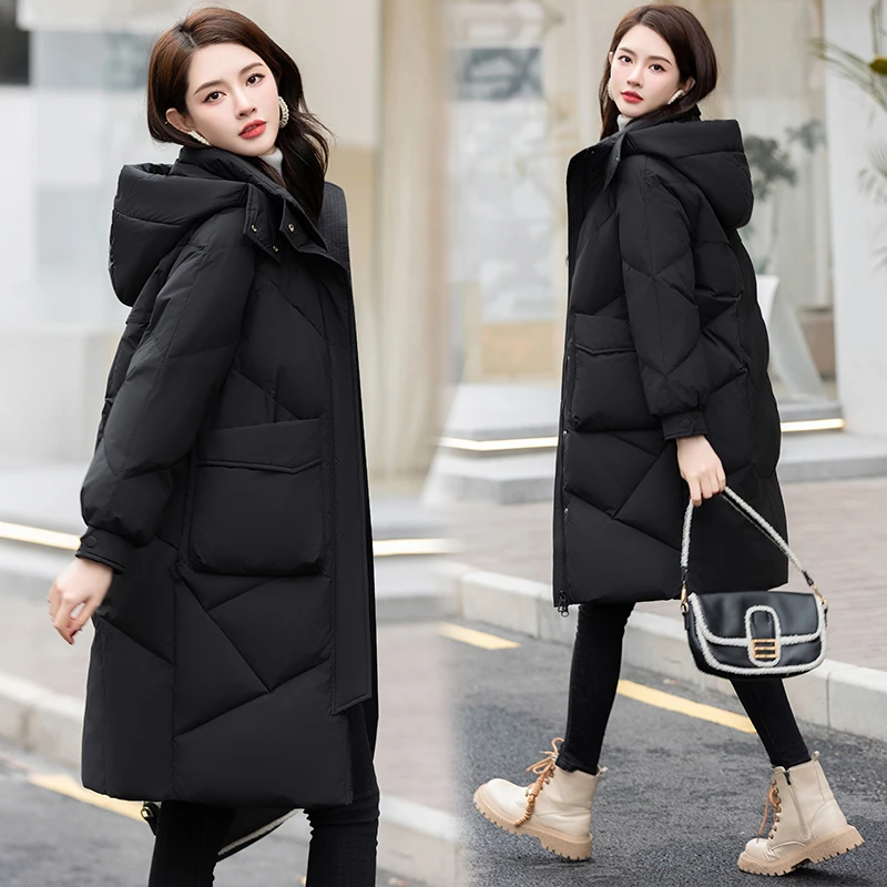 2025新款爆款90白鸭绒羽绒服女长款脱帽冬季时尚加厚防寒女式外套