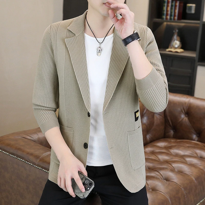 2024秋季新款男士休闲时尚西装领针织开衫百搭长袖针织外套24819