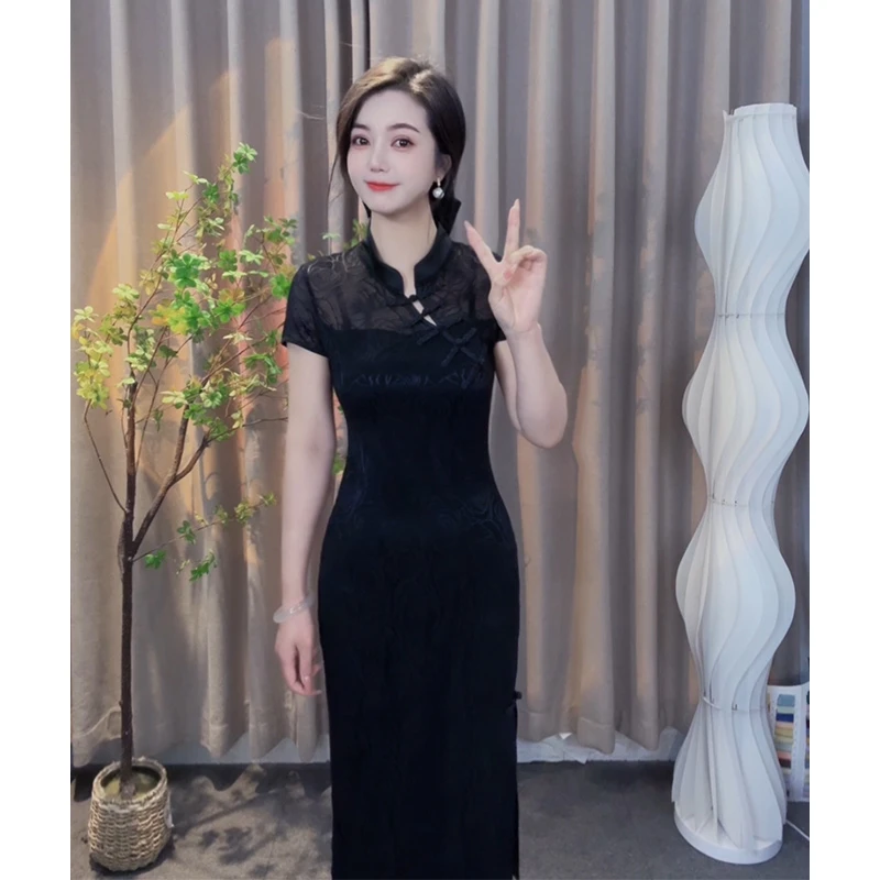 中国风旗袍2024新款蕾丝显瘦气质夏季复古复古半镂空性感时尚裙子