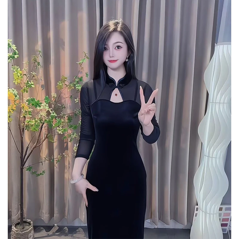 早秋新款显瘦气质旗袍新中式复古修身时尚黑色连衣裙收腰洋气