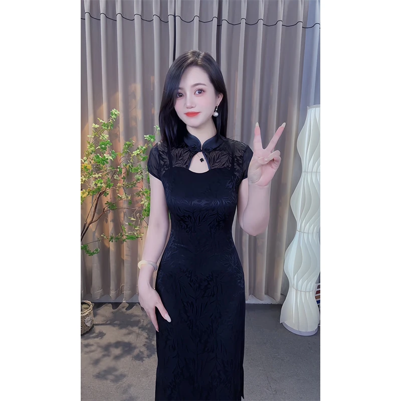 2024年新款黑色旗袍显瘦气质中长款夏季修身日常连衣裙中国风裙子