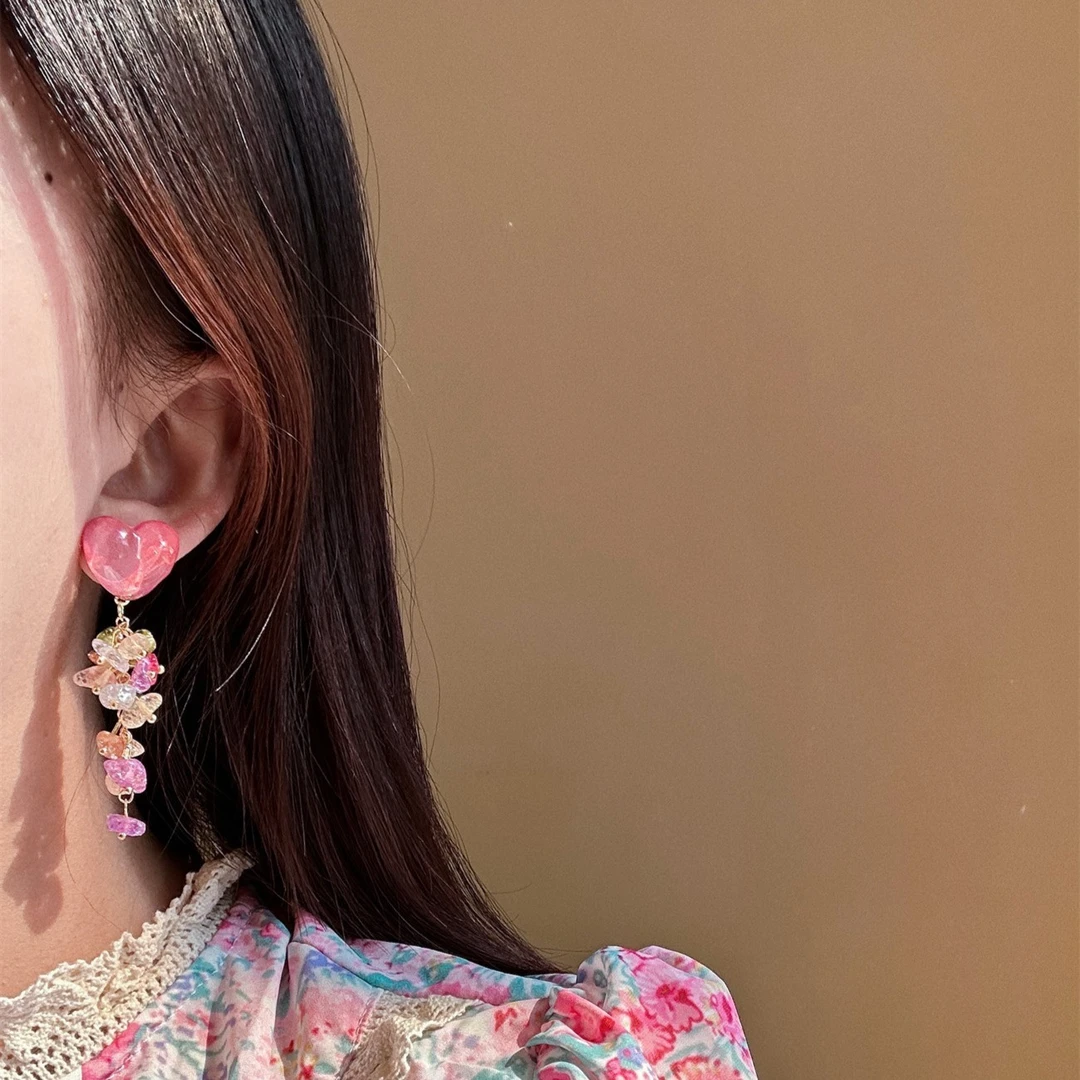 童季暖 铜合金耳饰 春夏甜美粉色爱心长款流苏耳环 小众设计感