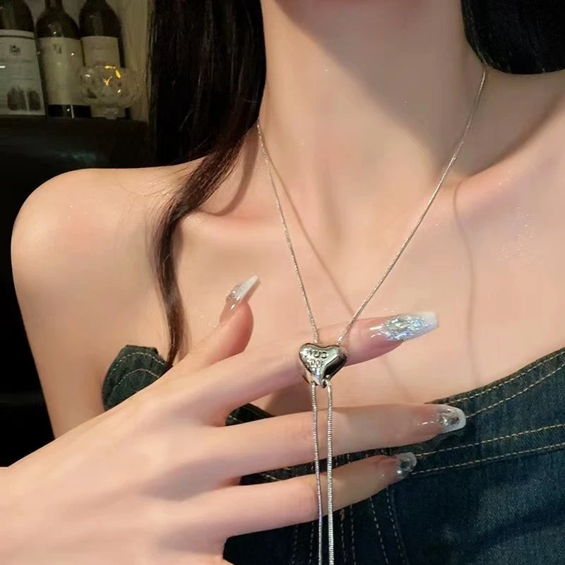 铜合金项链 冷淡风爱心流苏抽拉项链精致碎银圆珠锁骨链毛衣链ins