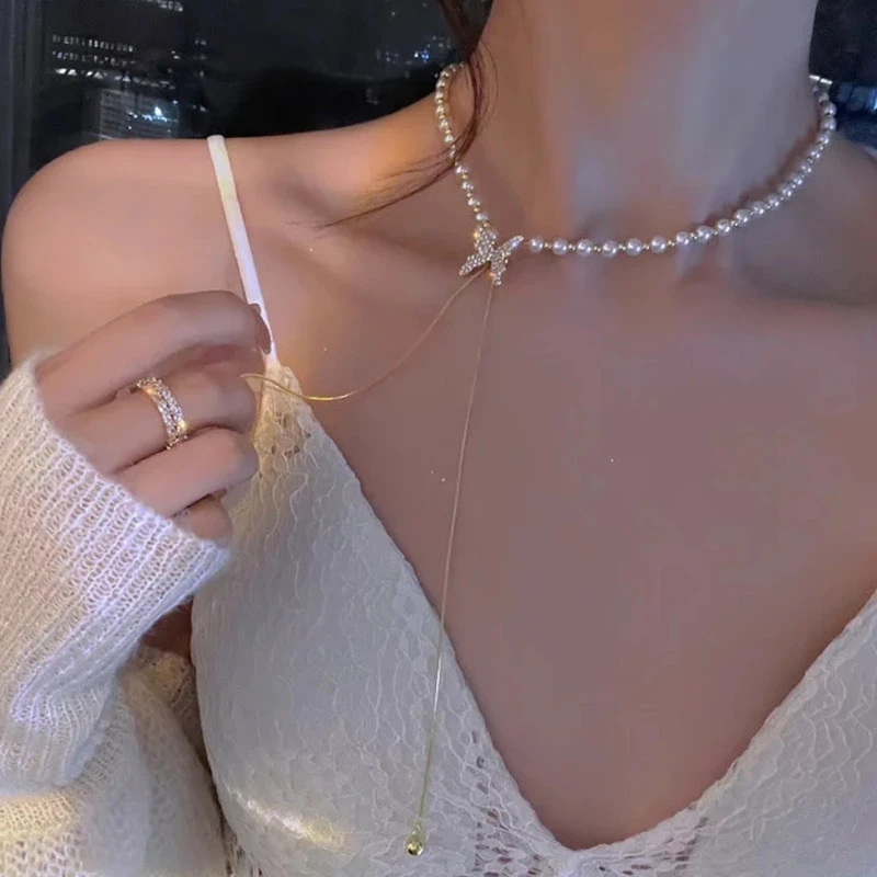 钛钢项链 蝴蝶颈链ins可调节项链女设计感小众轻奢流苏锁骨链配饰