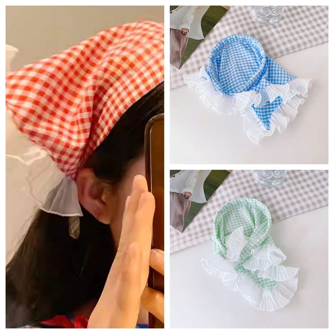 法式格子蕾丝三角巾发箍女包头田园风发带海边氛围感拍照气质网红