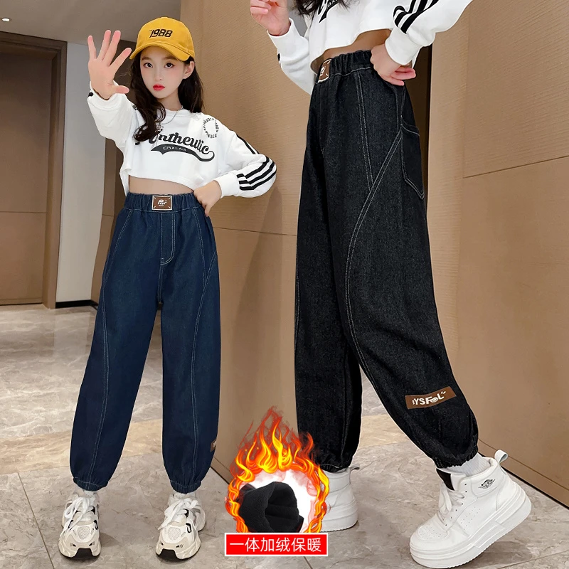 女童裤子秋冬2022新款儿童中大童加绒加厚牛仔裤女孩一体绒老爹裤