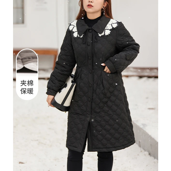MsShe大码女装2024新款秋冬装菱格黑色棉衣外套J~F2310005