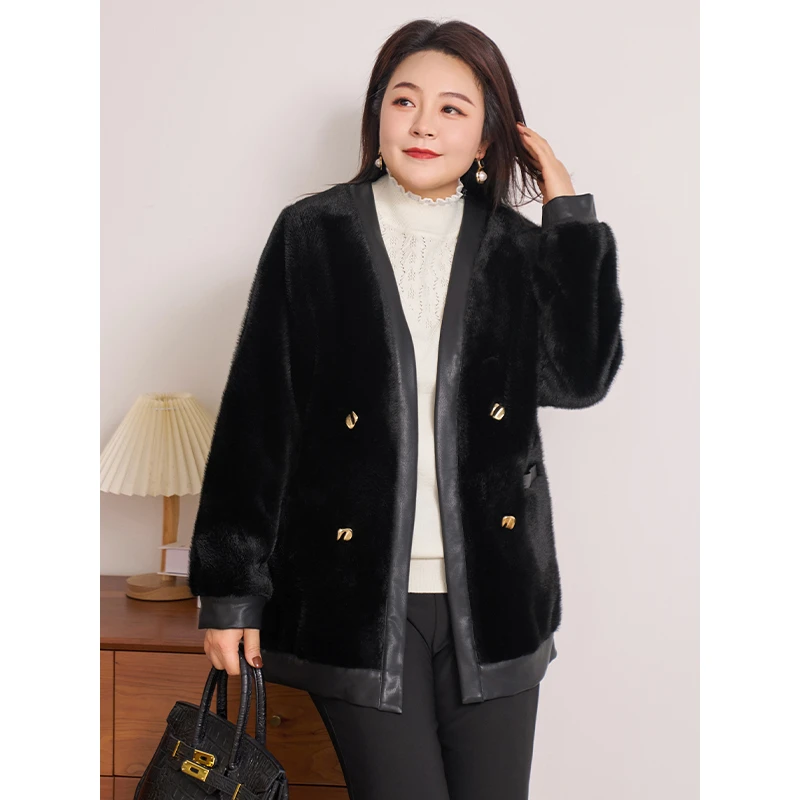 MsShe大码女装秋冬装名媛PU皮革V领毛毛大衣外套J~B2312025
