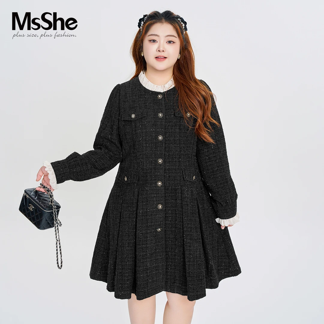 MsShe大码女复古毛呢小香风亮丝粗花呢裙子D~Y2312020